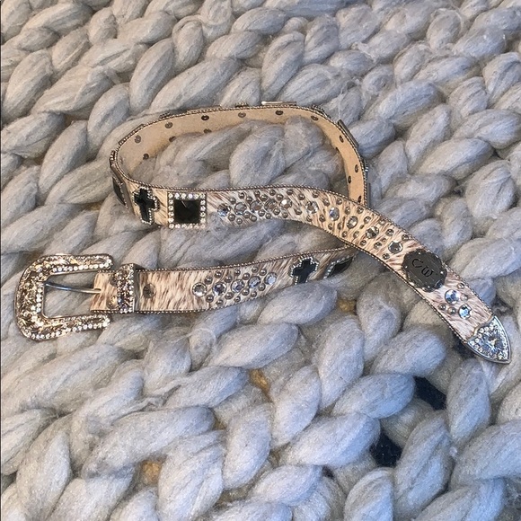 CW Accessories - White and Brown Raw Hide CW Rhinestone Belt!